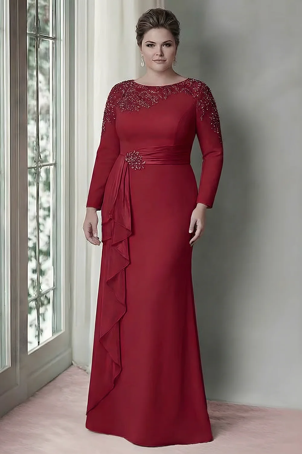 Robe de mère de la mariée en satin à manches longues à fourreau à fardettes à manœuvres - Image 5