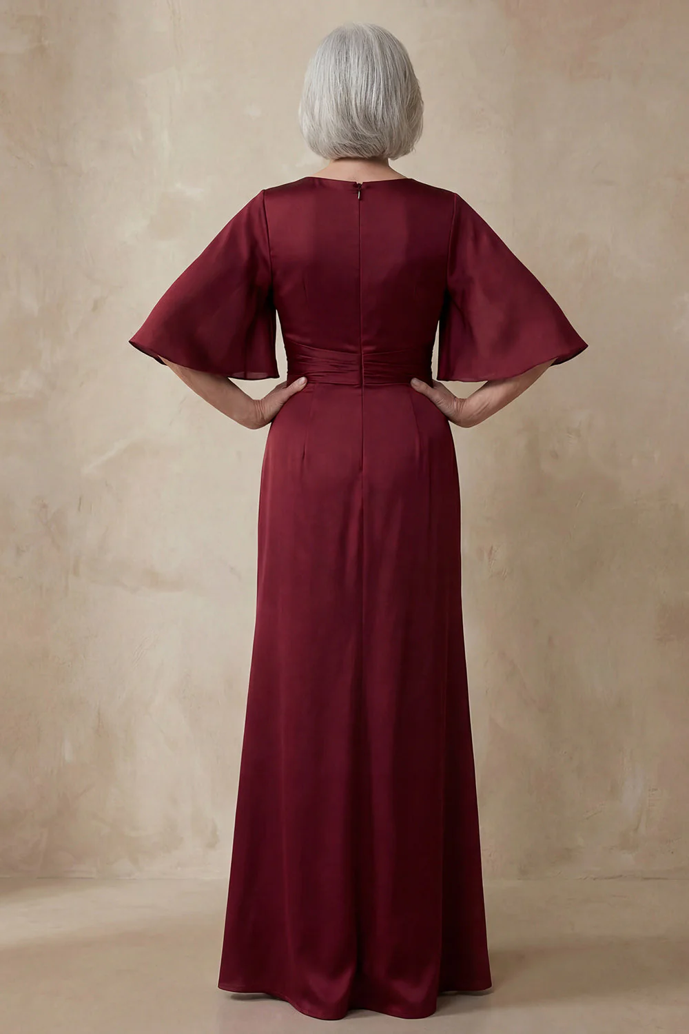 Robe de mère de la mariée en satin rouge à col rond et manches demi-manches - Image 2
