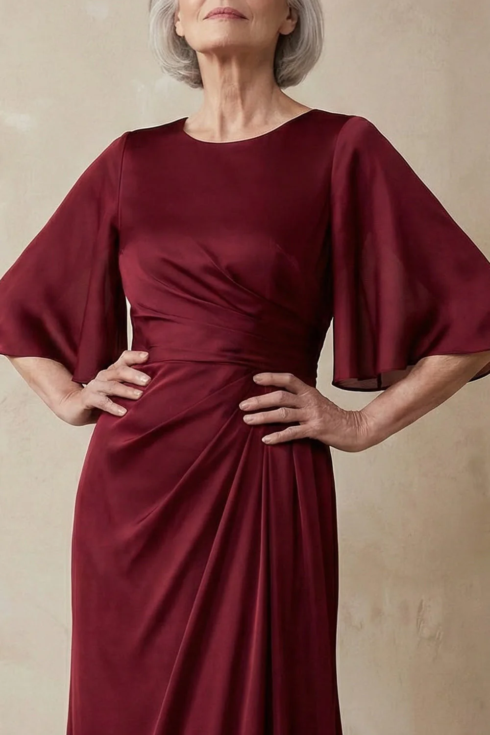 Robe de mère de la mariée en satin rouge à col rond et manches demi-manches - Image 3