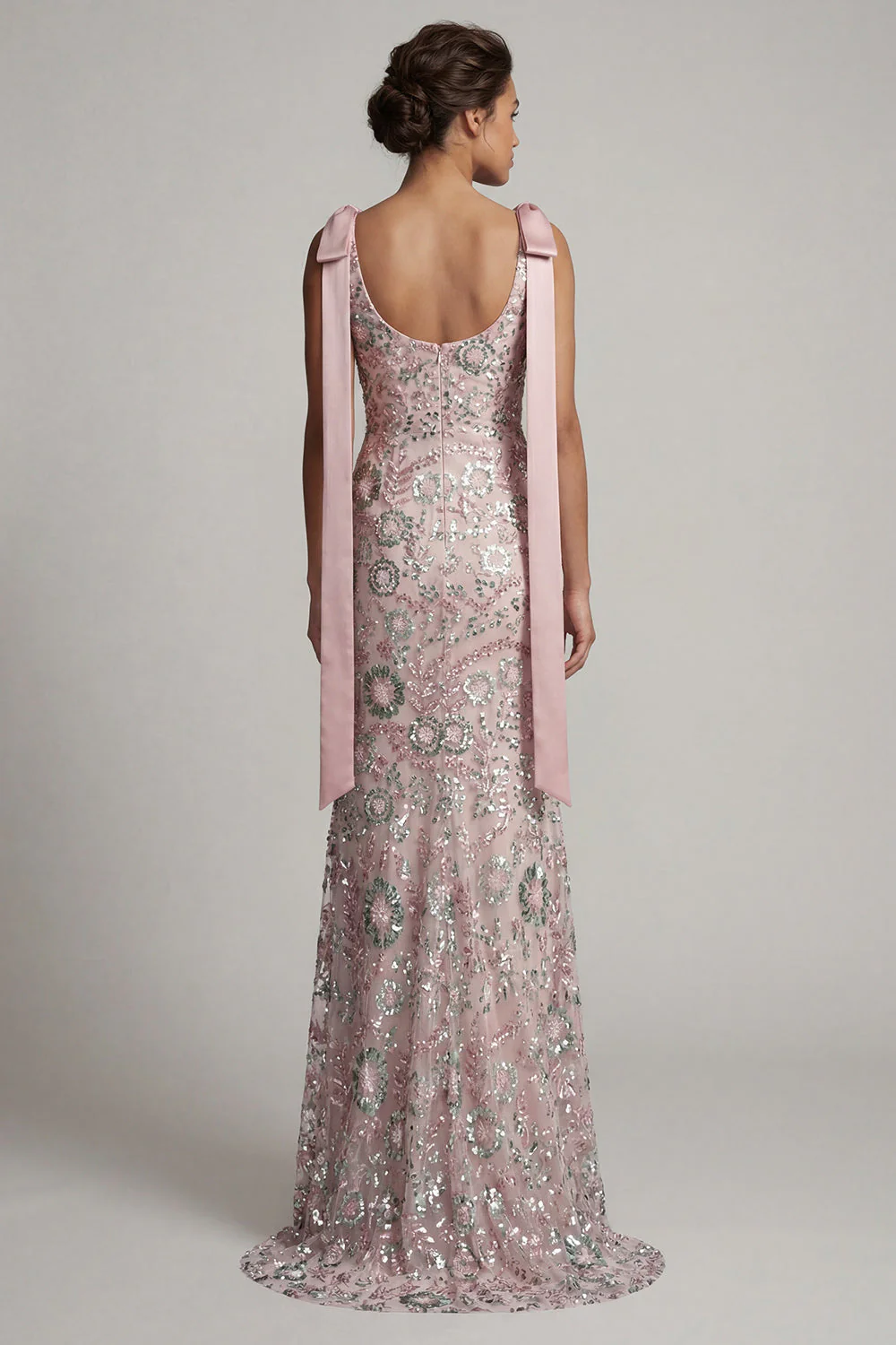 Robe de mère de la mariée en sirène à col bateau perlée et rose scintillant avec nœuds - Image 2