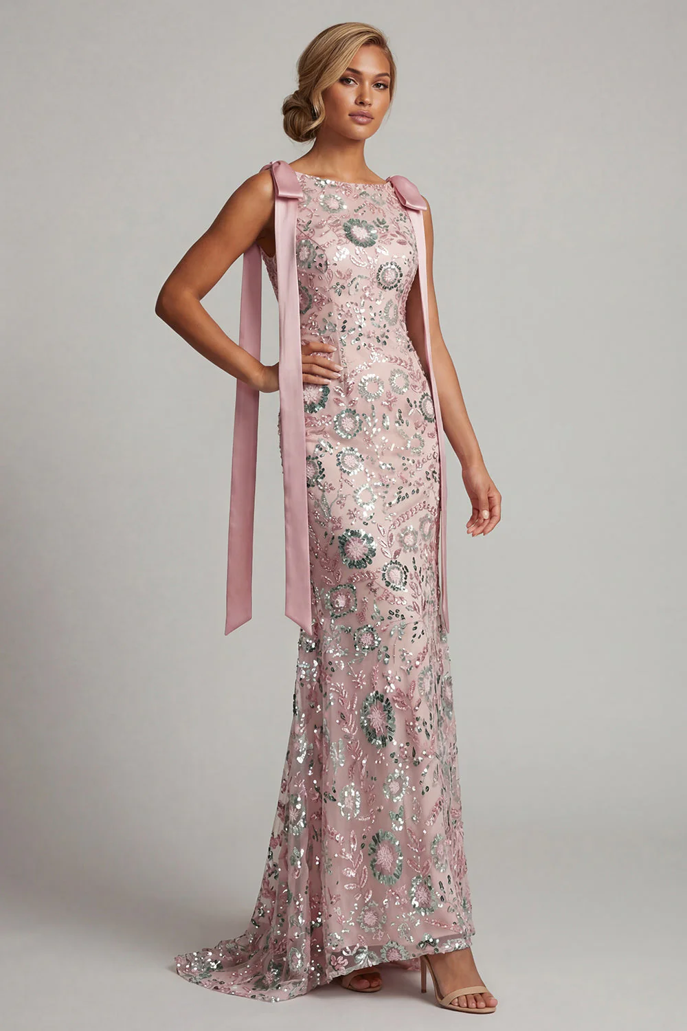 Robe de mère de la mariée en sirène à col bateau perlée et rose scintillant avec nœuds - Image 3