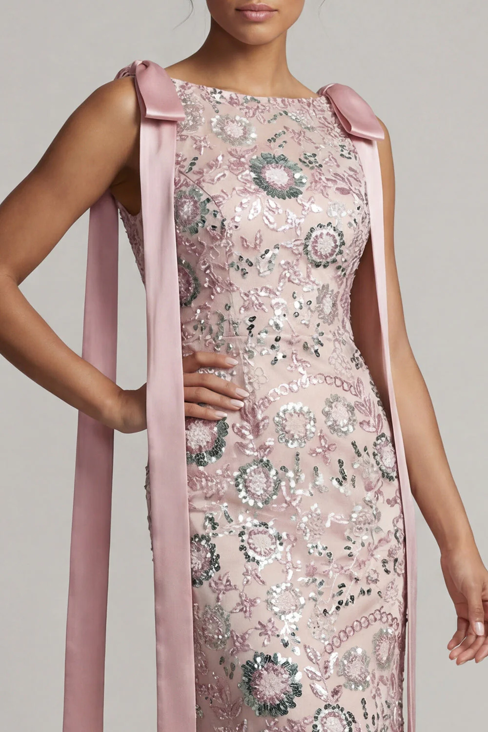 Robe de mère de la mariée en sirène à col bateau perlée et rose scintillant avec nœuds - Image 4