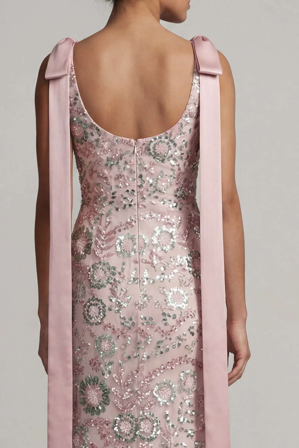 Robe de mère de la mariée en sirène à col bateau perlée et rose scintillant avec nœuds - Image 5