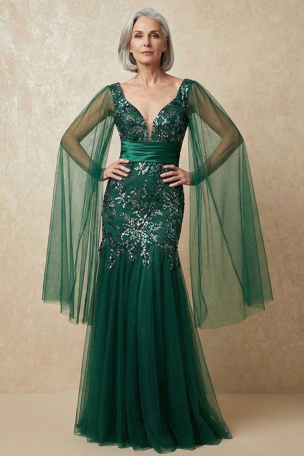 Robe de mère de la mariée en sirène scintillante et sequins vert foncé
