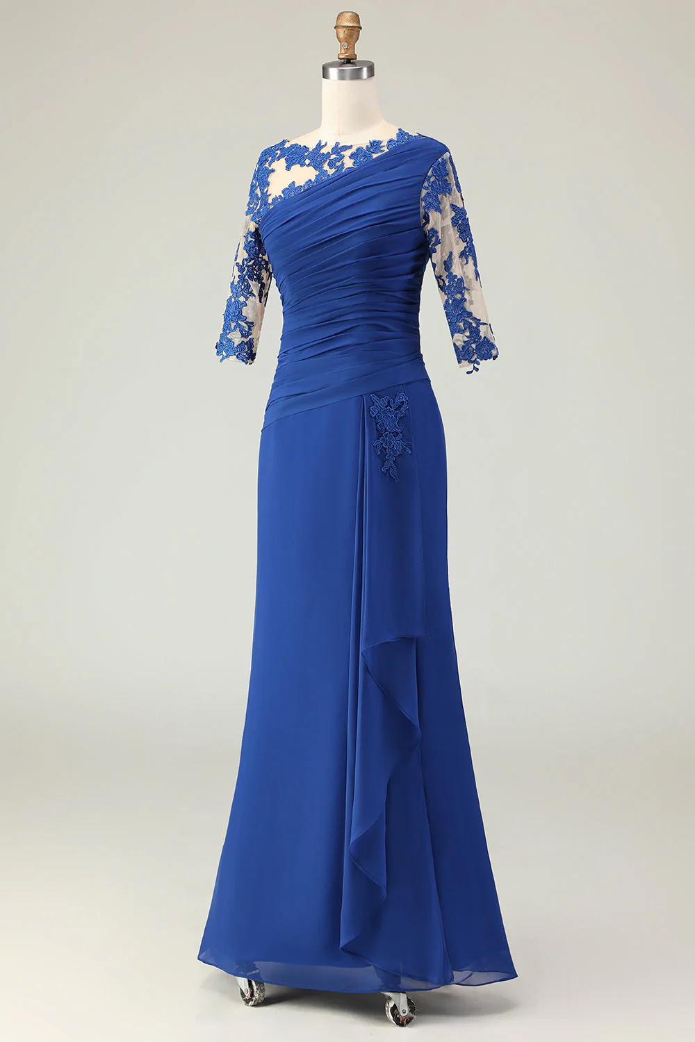 Robe de mère de la mariée froncée appliquée sirène bleu royal avec manches - Image 3