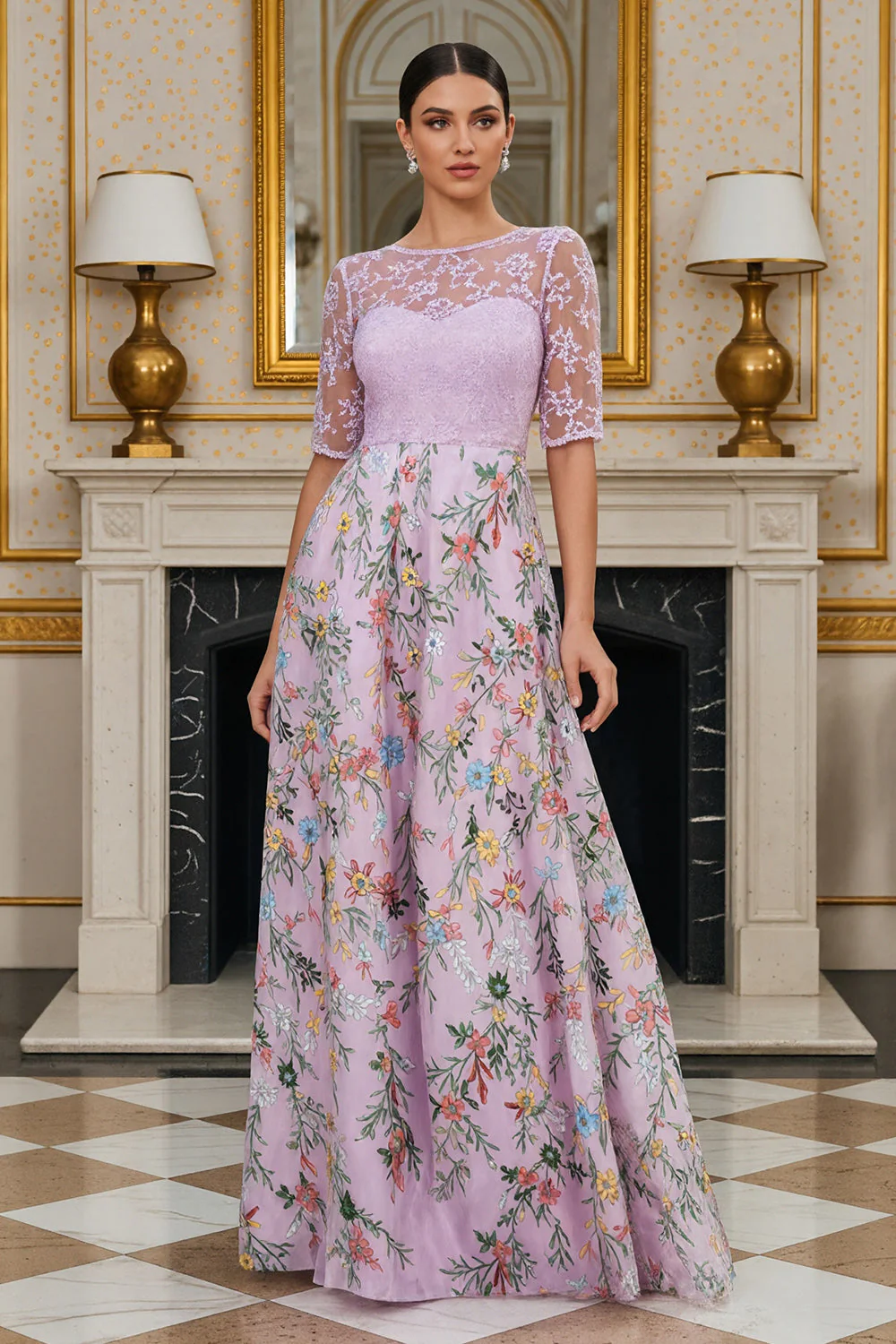 Robe de mère de la mariée longue à manches florales Lilas A avec broderies