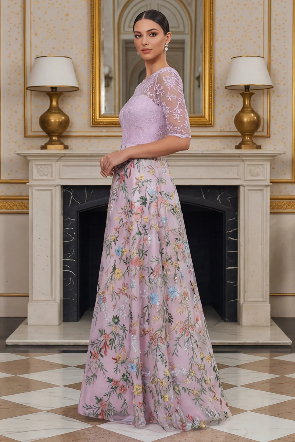 Robe de mère de la mariée longue à manches florales Lilas A avec broderies - Image 3