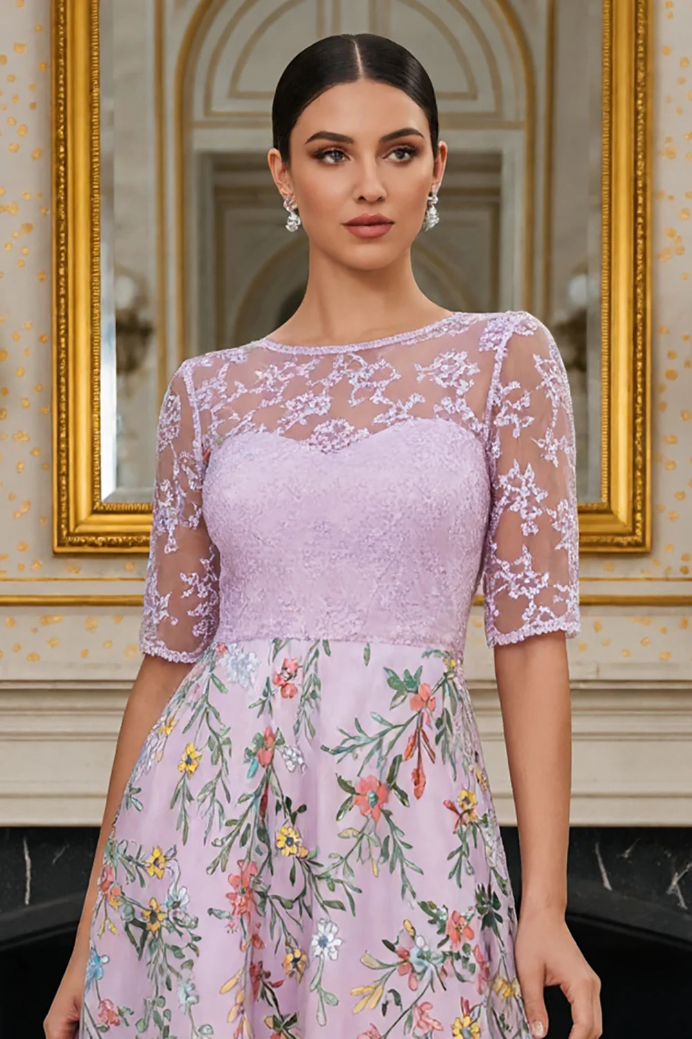 Robe de mère de la mariée longue à manches florales Lilas A avec broderies - Image 4