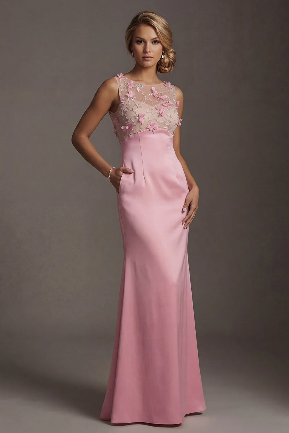 Robe de mère de la mariée rose rose satin à col rond à col rond, longue robe fleurie avec poche - Image 3