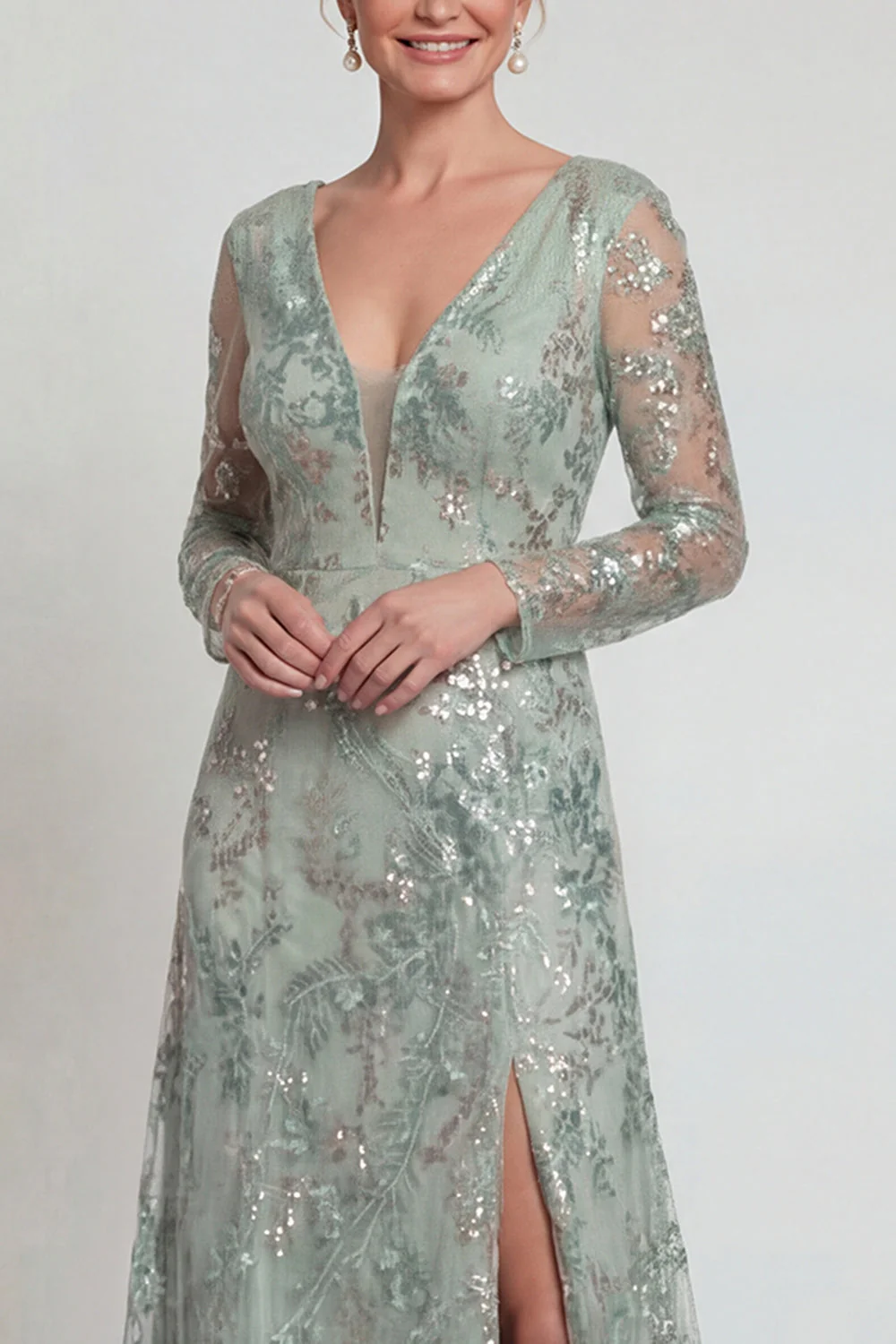 Robe de mère de la mariée verte à manches longues à manches longues, paillettes, avec fente - Image 3