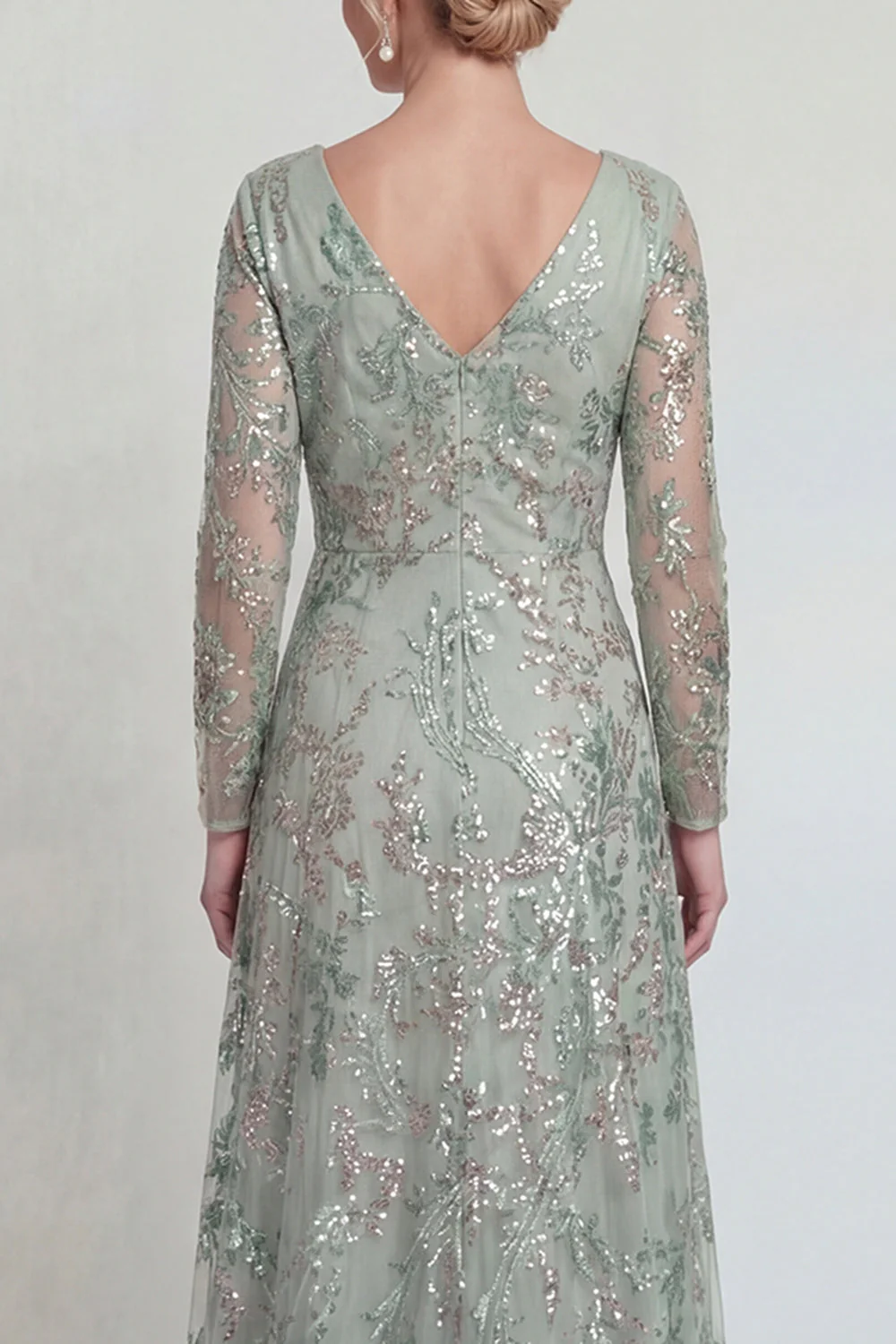 Robe de mère de la mariée verte à manches longues à manches longues, paillettes, avec fente - Image 4