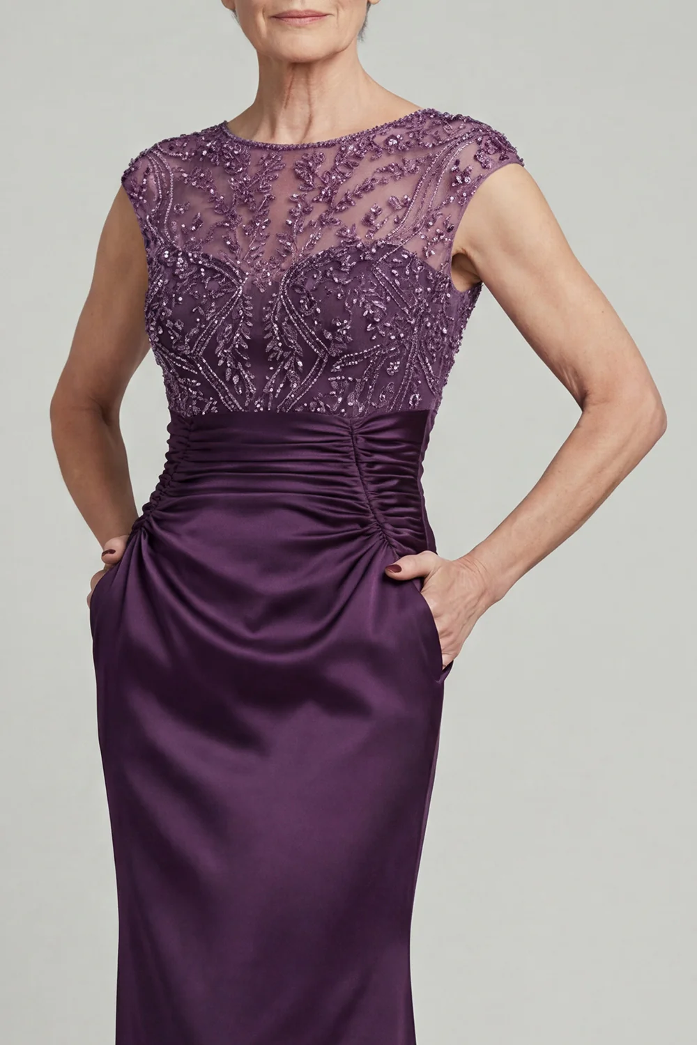 Robe de mère de mariée à col bateau à col bateau, violet foncé appliqué - Image 3