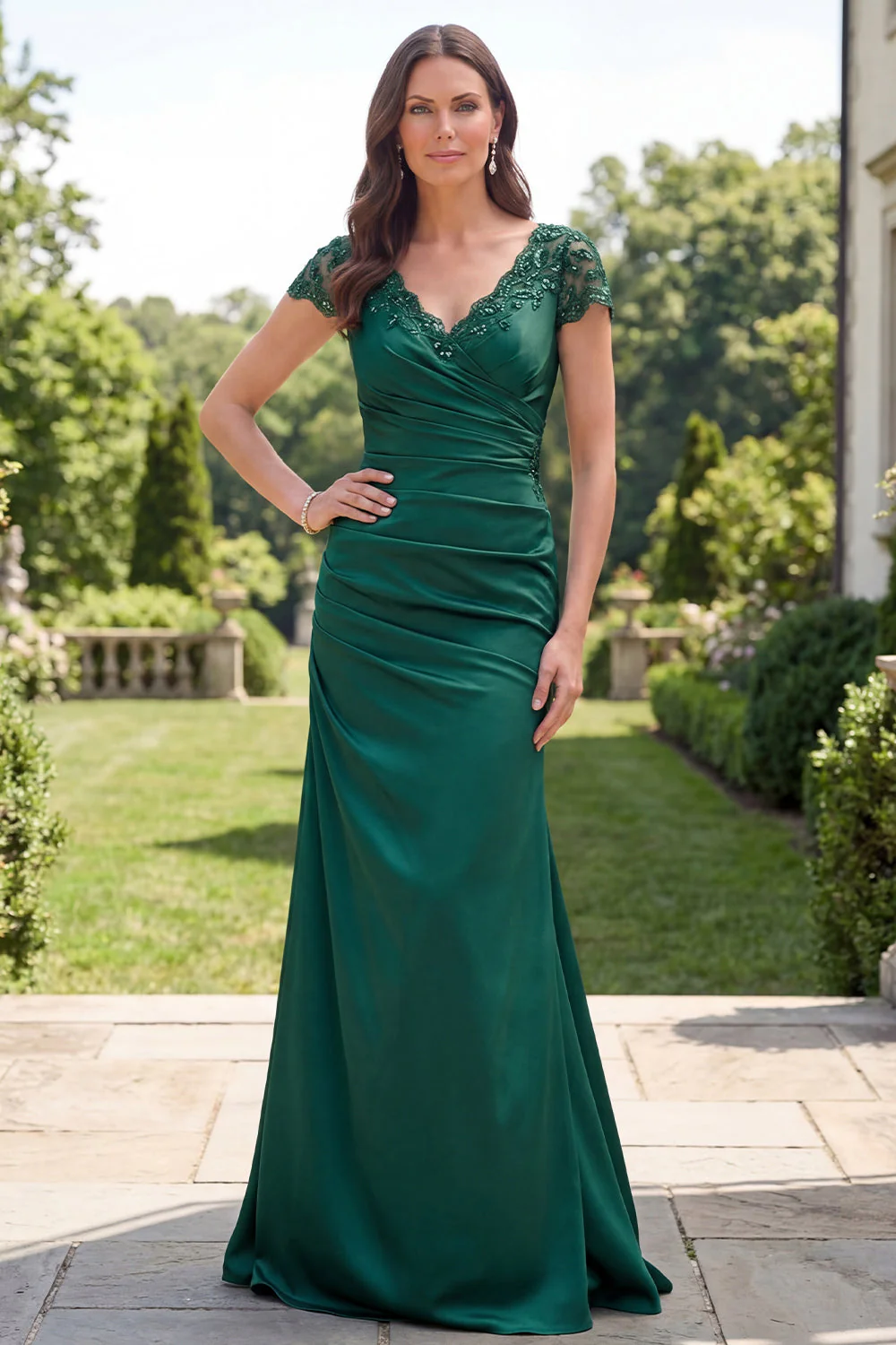 Robe de mère de mariée à col en V à col foncé vert foncé - Image 3