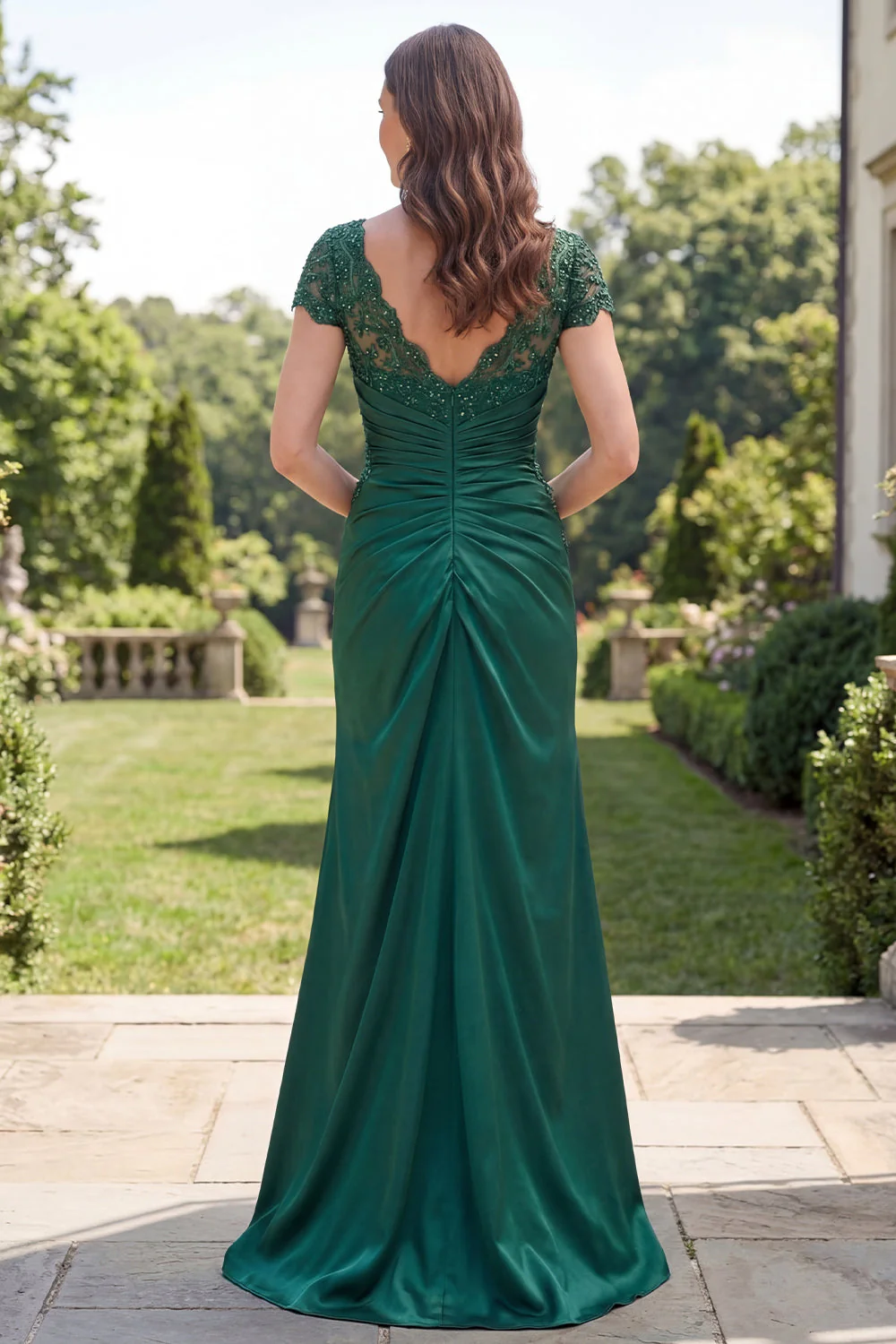 Robe de mère de mariée à col en V à col foncé vert foncé - Image 4