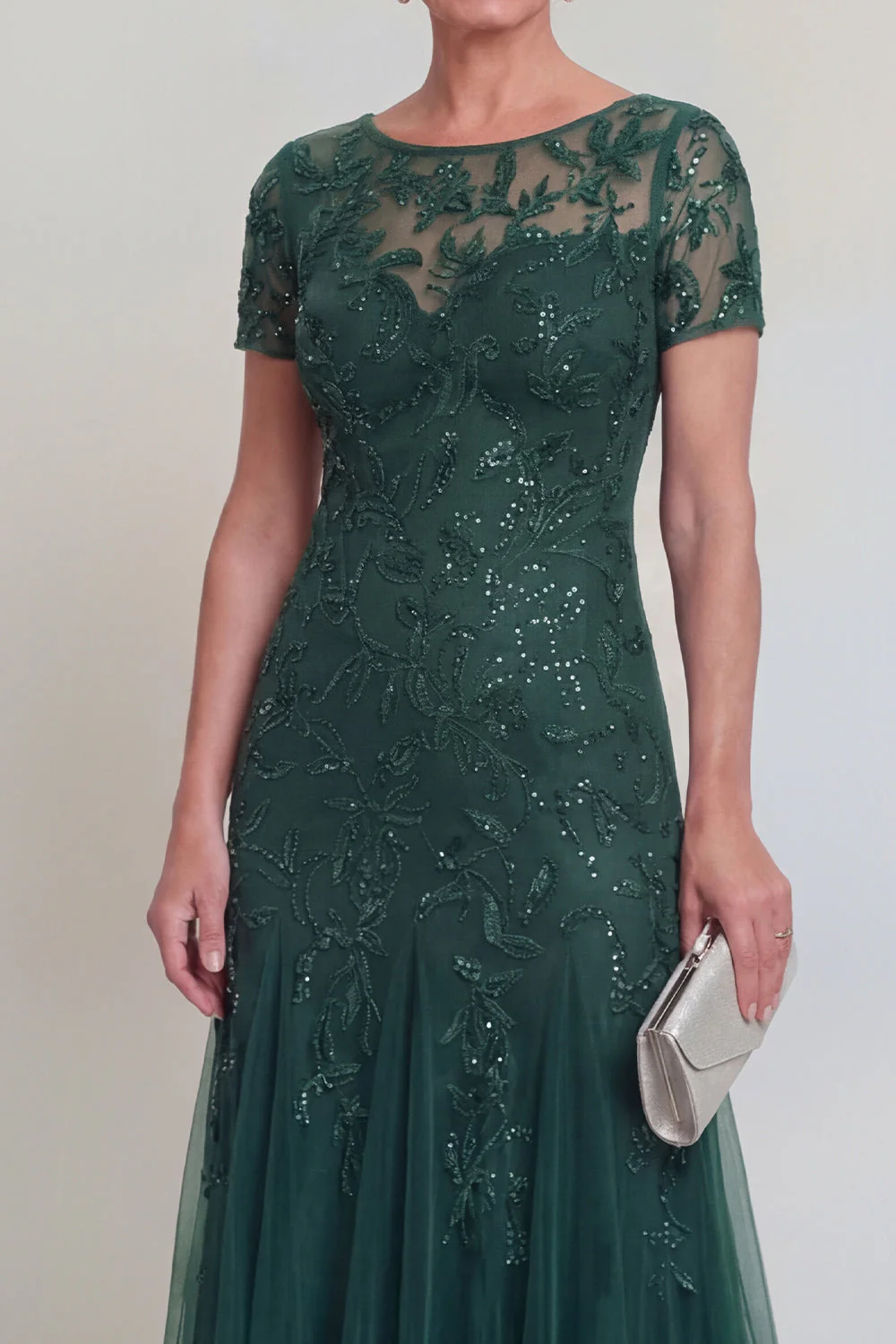 Robe de mère de mariée à col rond vert foncé appliquée - Image 3