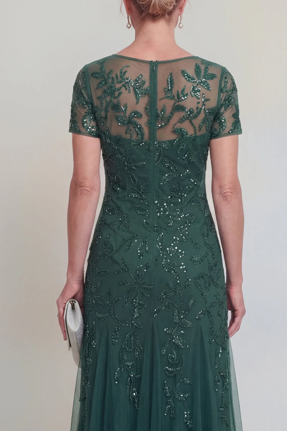 Robe de mère de mariée à col rond vert foncé appliquée - Image 4