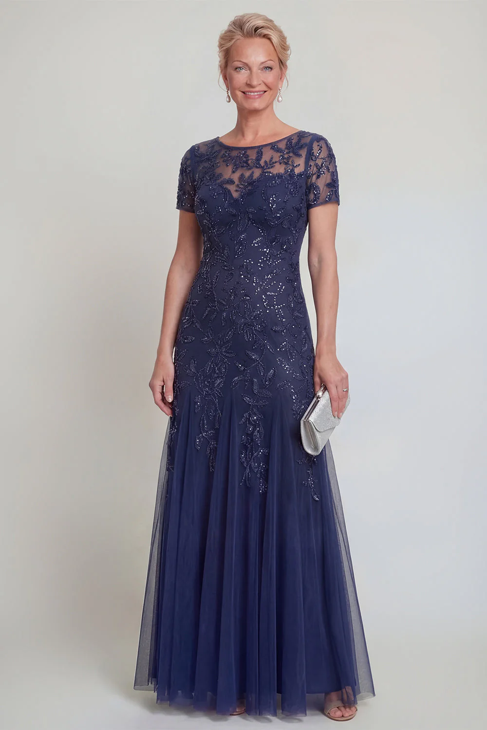 Robe de mère de mariée à col rond vert foncé appliquée - Image 5