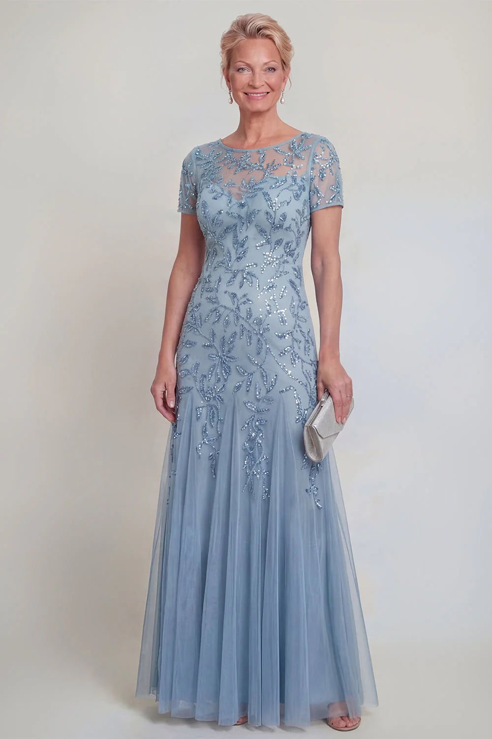 Robe de mère de mariée à col rond vert foncé appliquée - Image 9