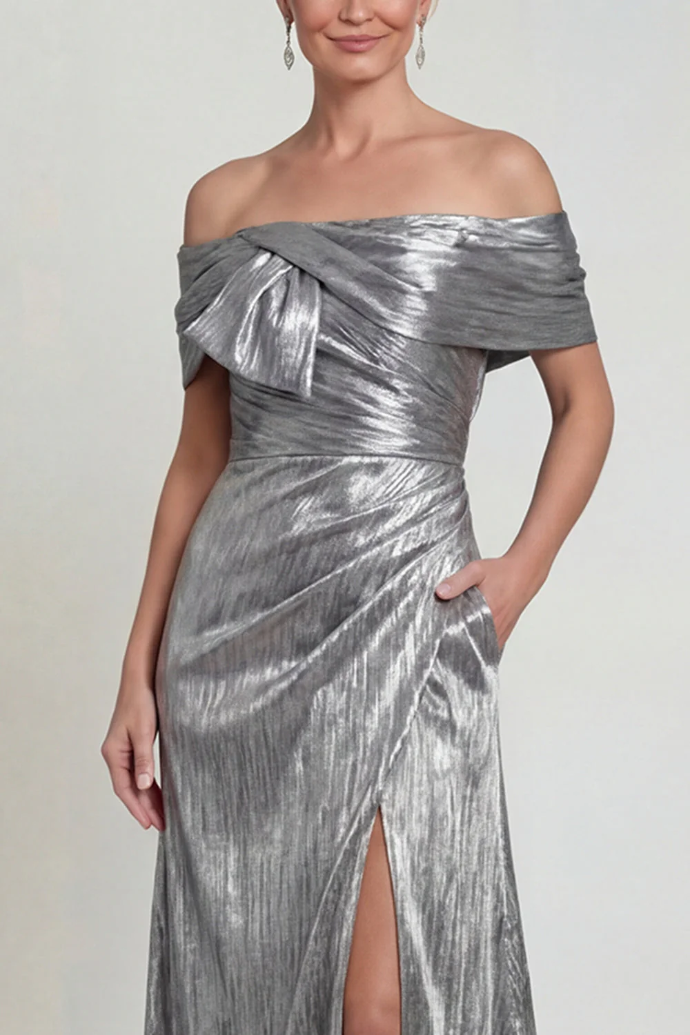 Robe de mère de mariée à épaules décalées gris argenté A line avec poches - Image 3