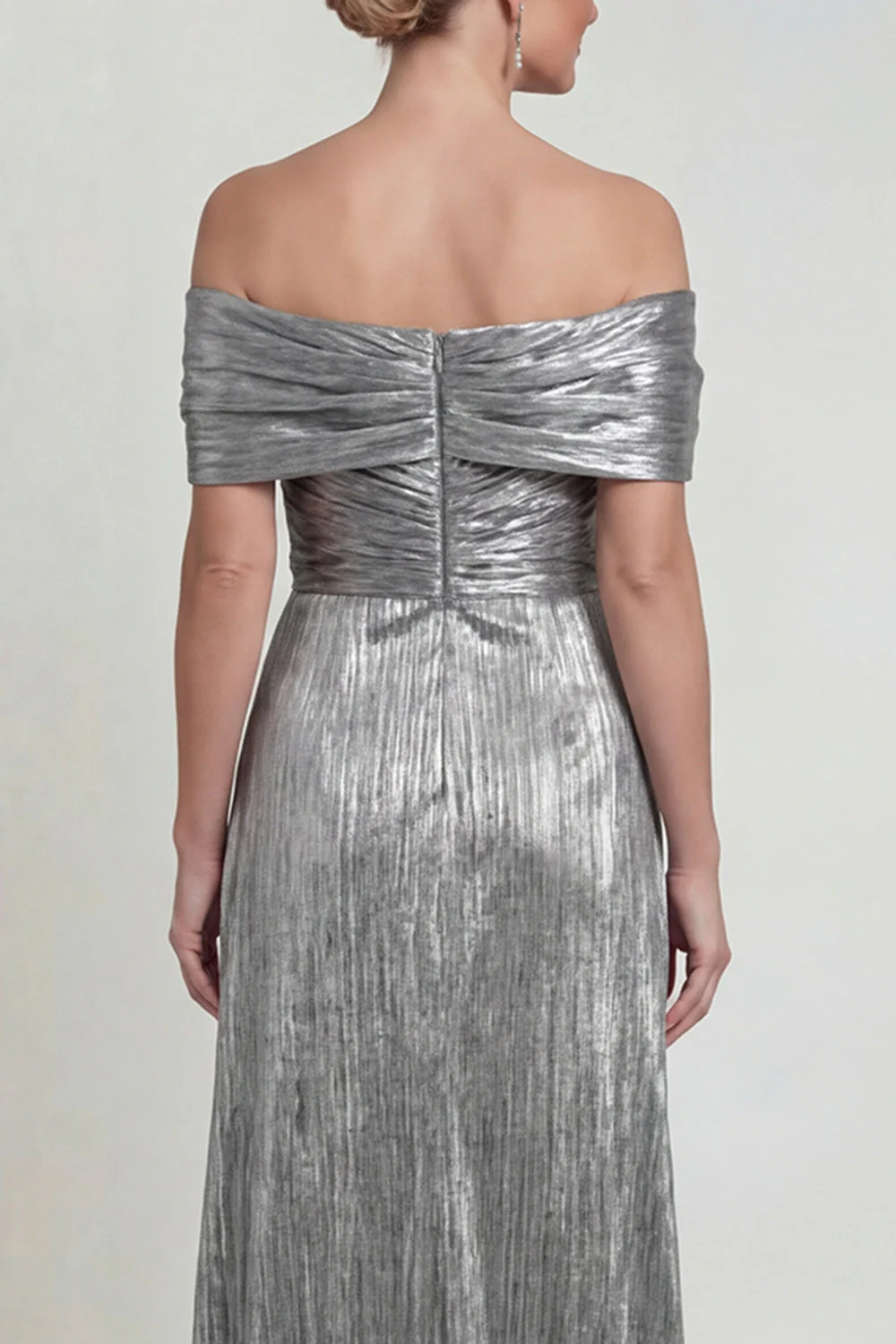 Robe de mère de mariée à épaules décalées gris argenté A line avec poches - Image 4