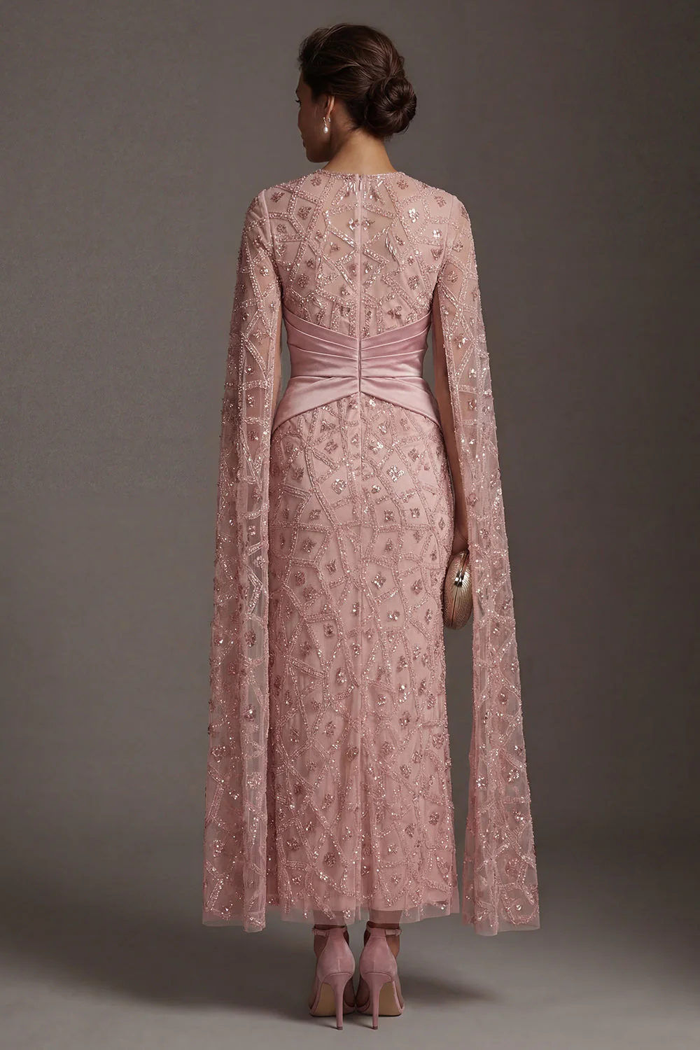 Robe de mère de mariée à manches courtes en fausse à perles à fards à blush - Image 2