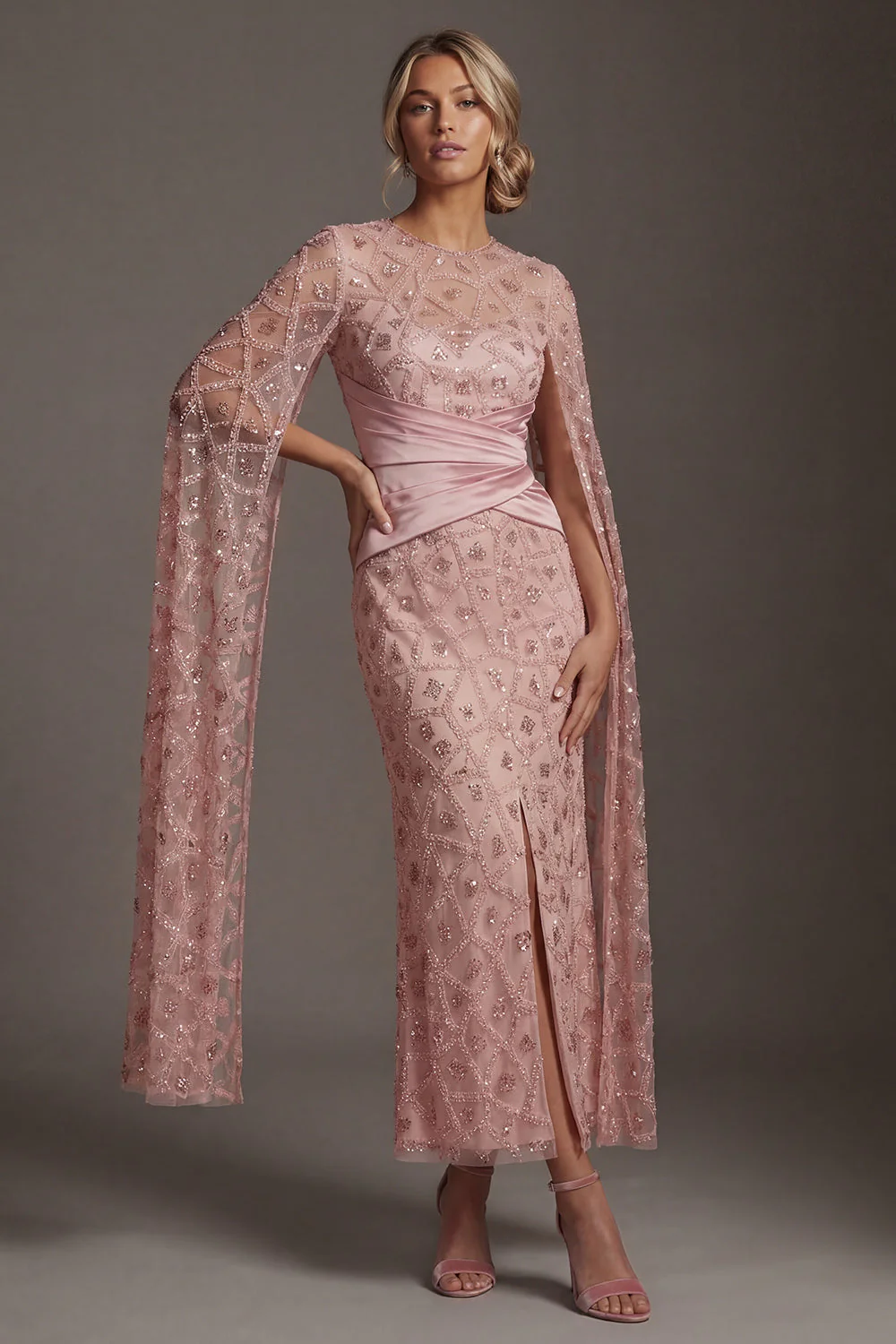 Robe de mère de mariée à manches courtes en fausse à perles à fards à blush - Image 3