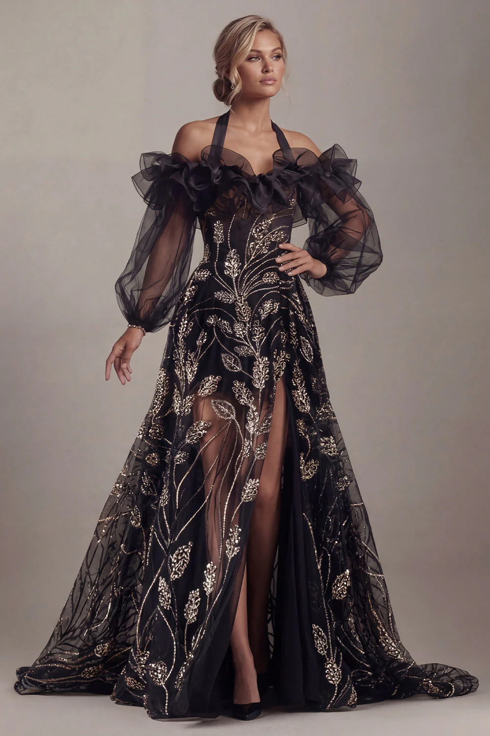 Robe de mère de mariée à paillettes noires à épaules froides A Line avec fente - Image 3
