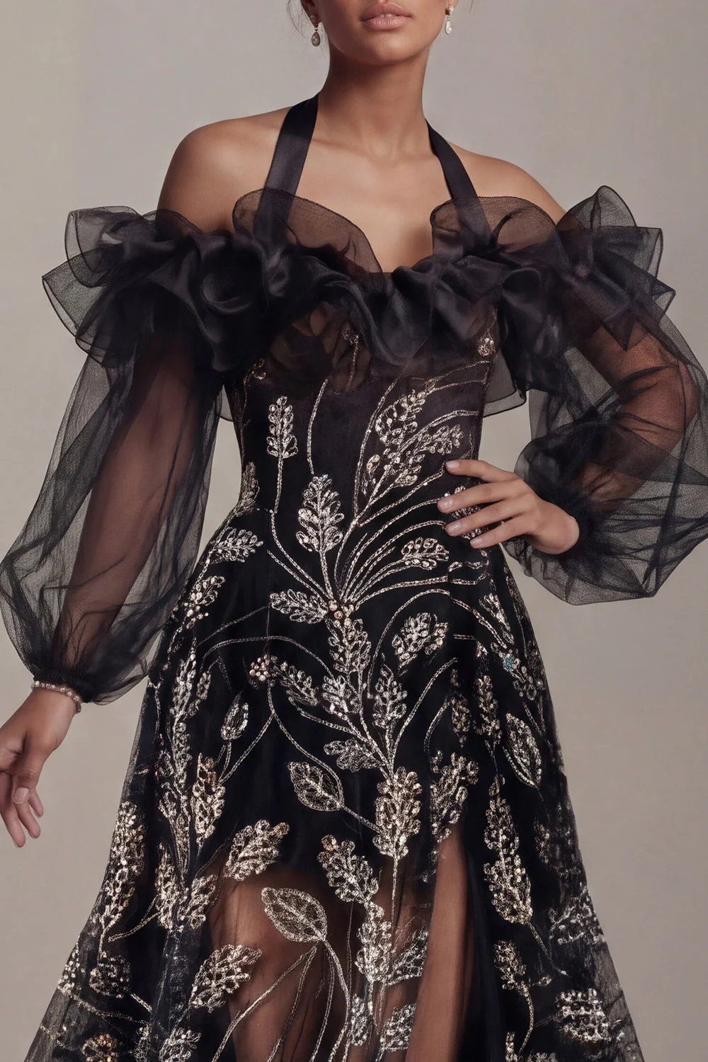 Robe de mère de mariée à paillettes noires à épaules froides A Line avec fente - Image 4