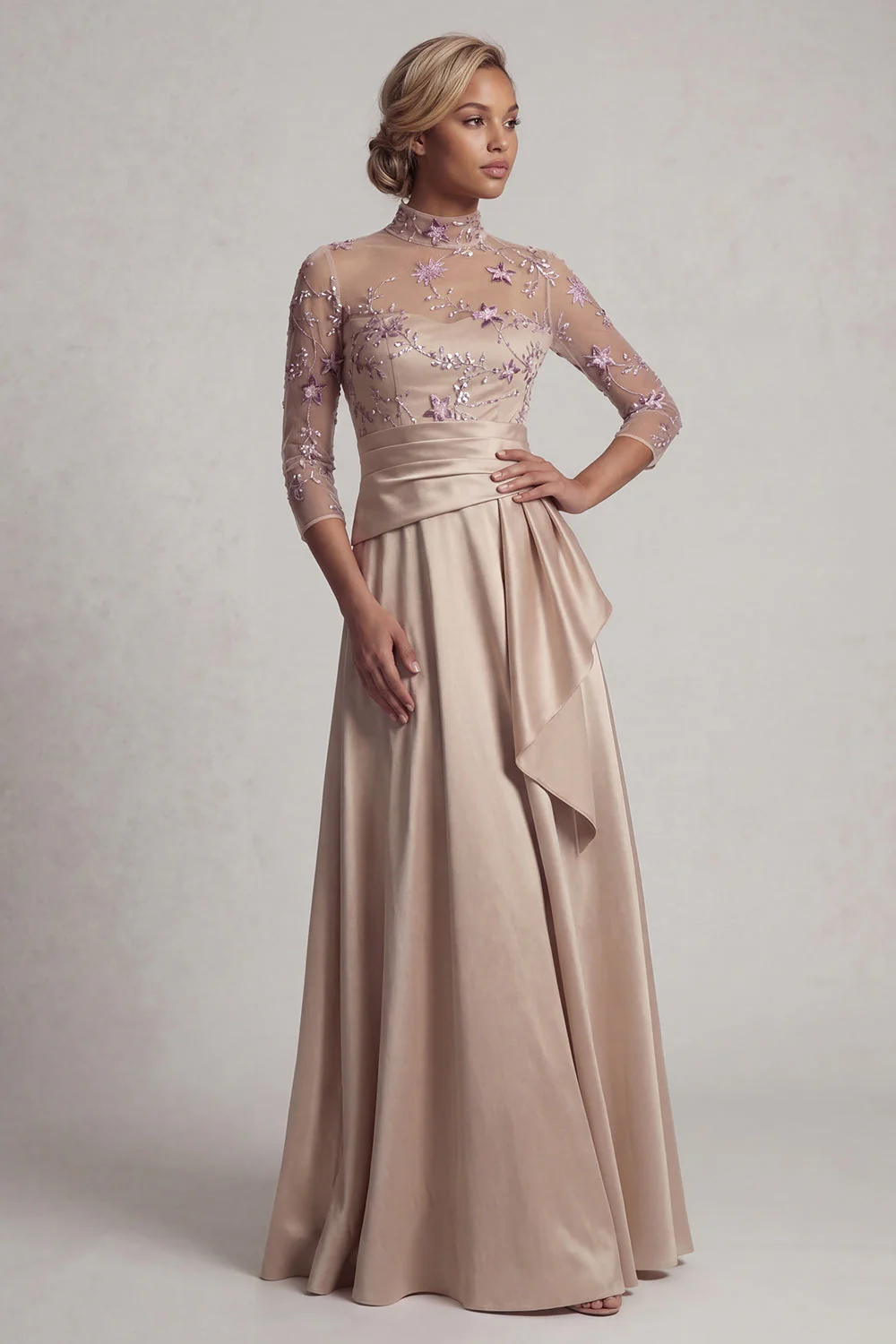 Robe de mère de mariée champagne à col haut, à col haut, fleur - Image 3
