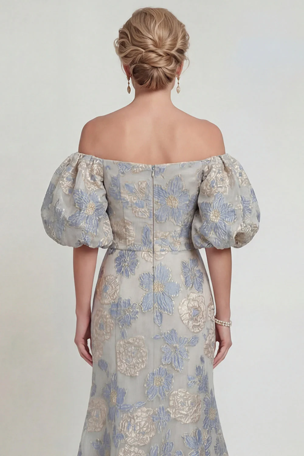 Robe de mère de mariée en sirène bleu poussiéreux à fleurs, dénudée - Image 3