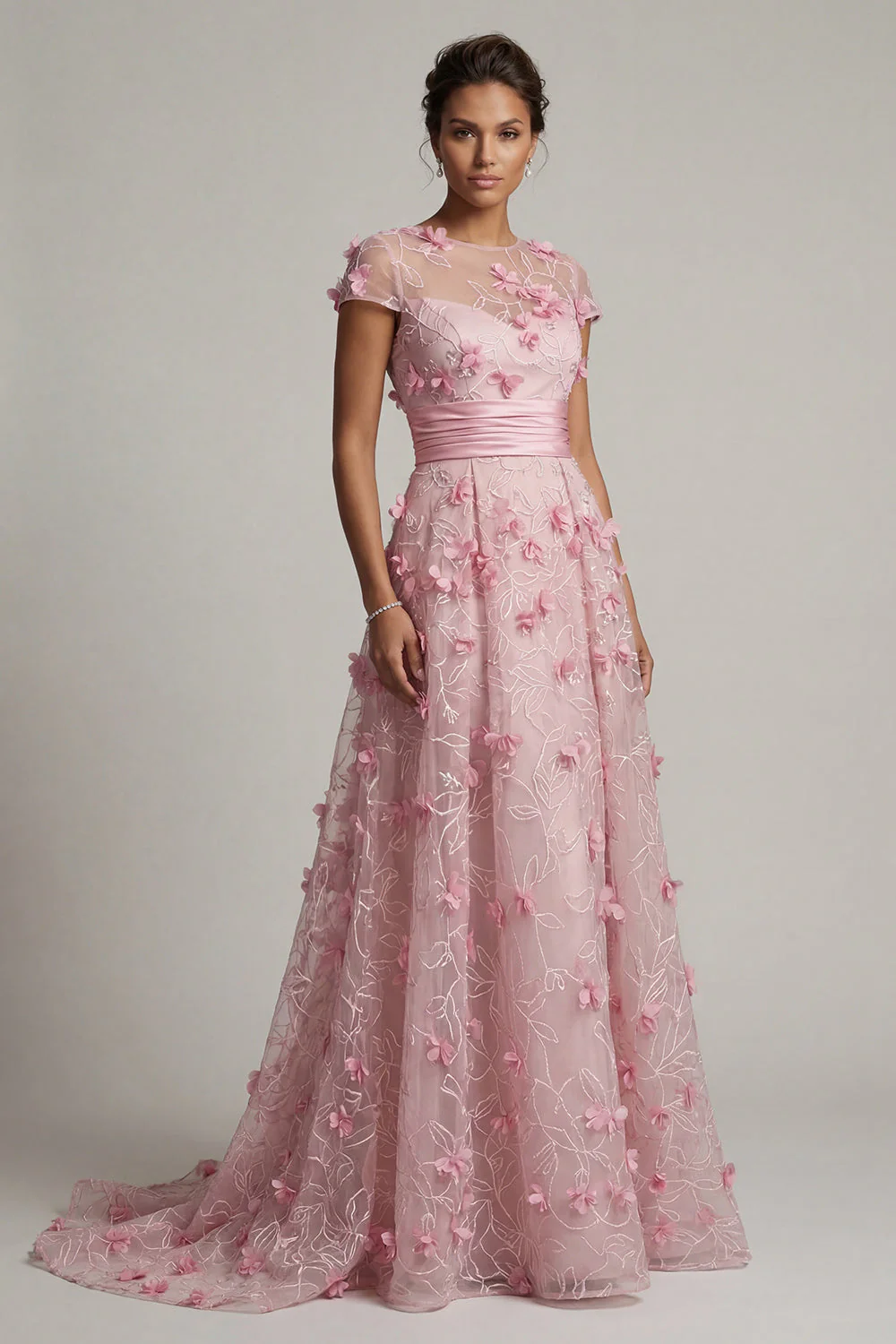 Robe de mère de mariée rose à manches courtes A Line avec des fleurs 3D