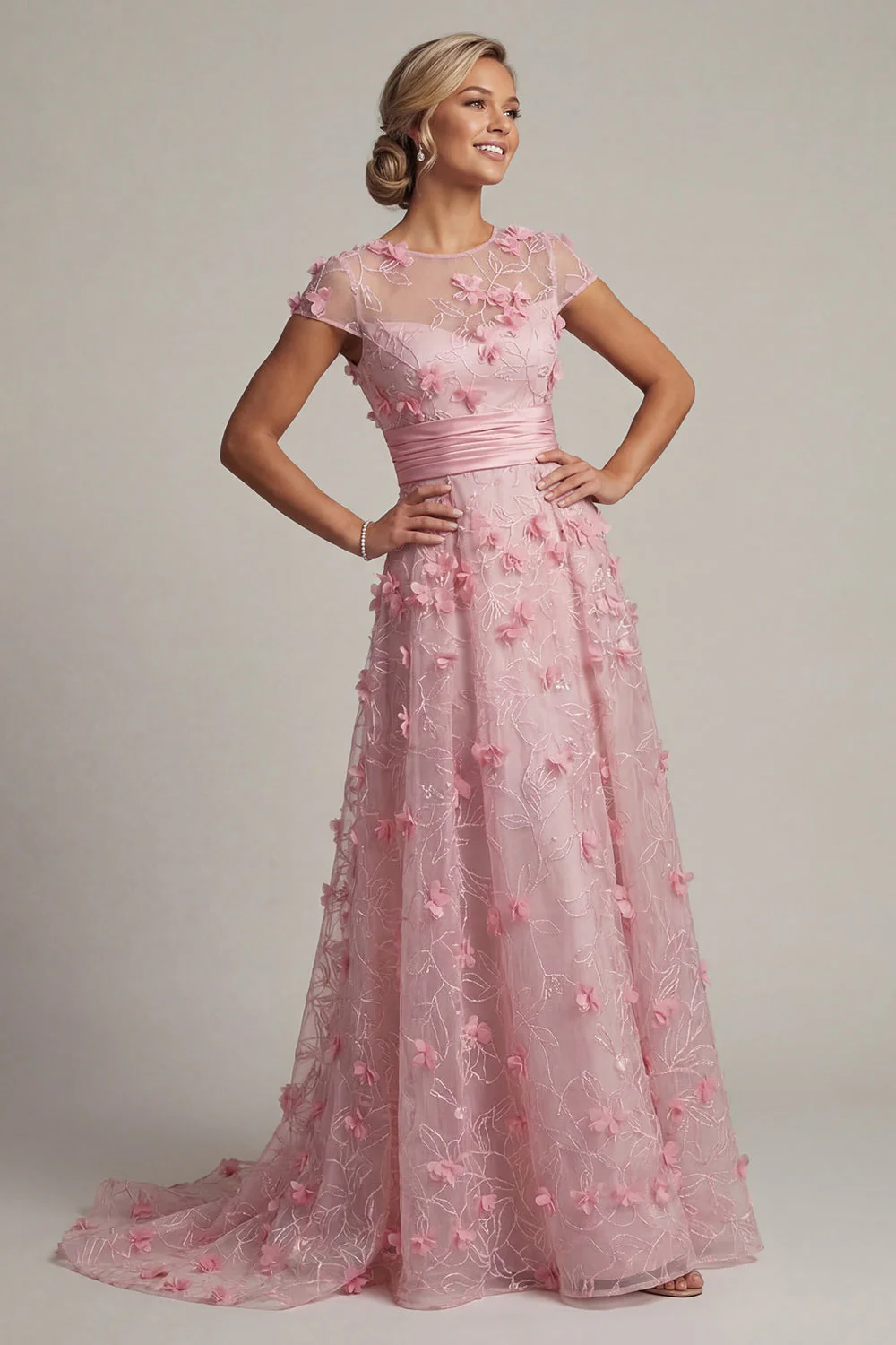 Robe de mère de mariée rose à manches courtes A Line avec des fleurs 3D - Image 5