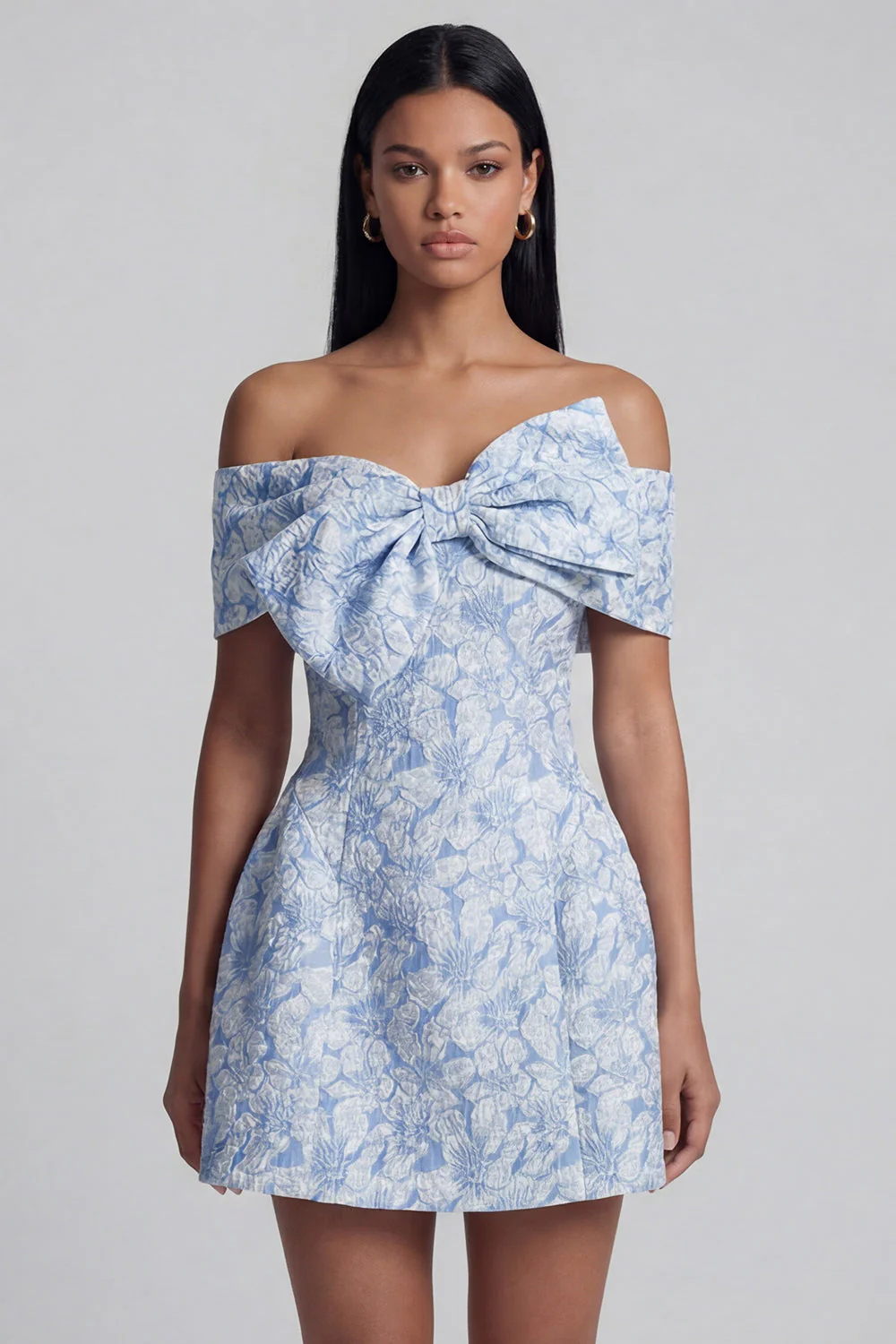 Robe de mini-rentrée bleue Jacquard A-Line dénudé avec nœud - Image 3
