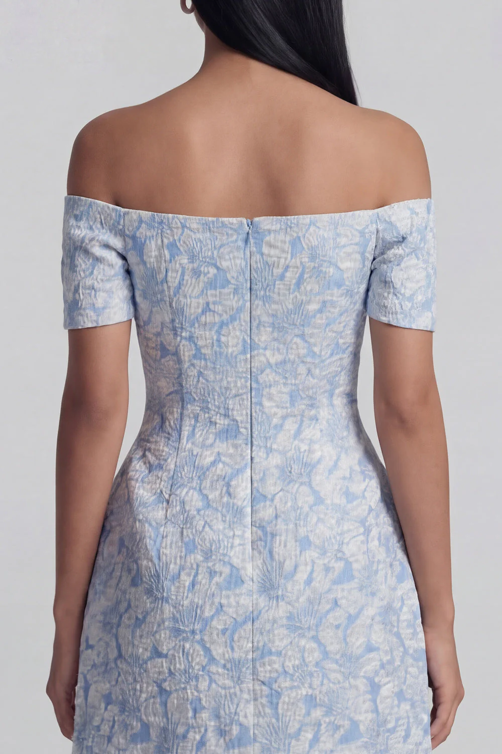 Robe de mini-rentrée bleue Jacquard A-Line dénudé avec nœud - Image 5