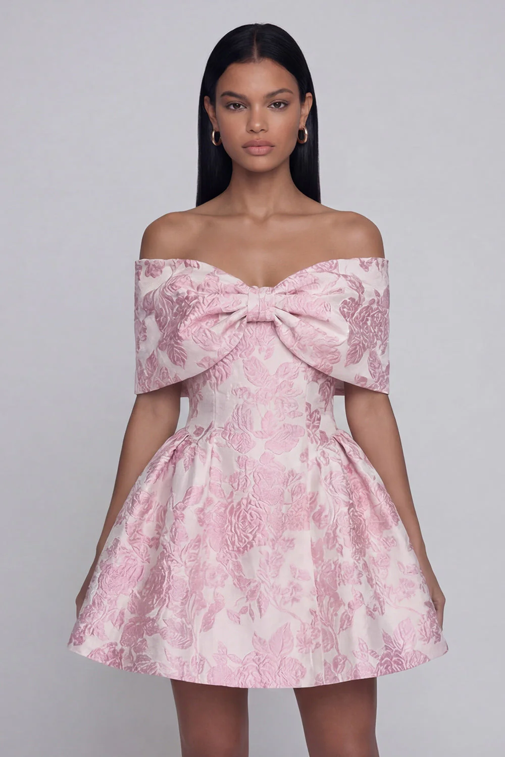 Robe de mini-rentrée Jacquard rose A-large à épaules décollées avec un nœud - Image 3