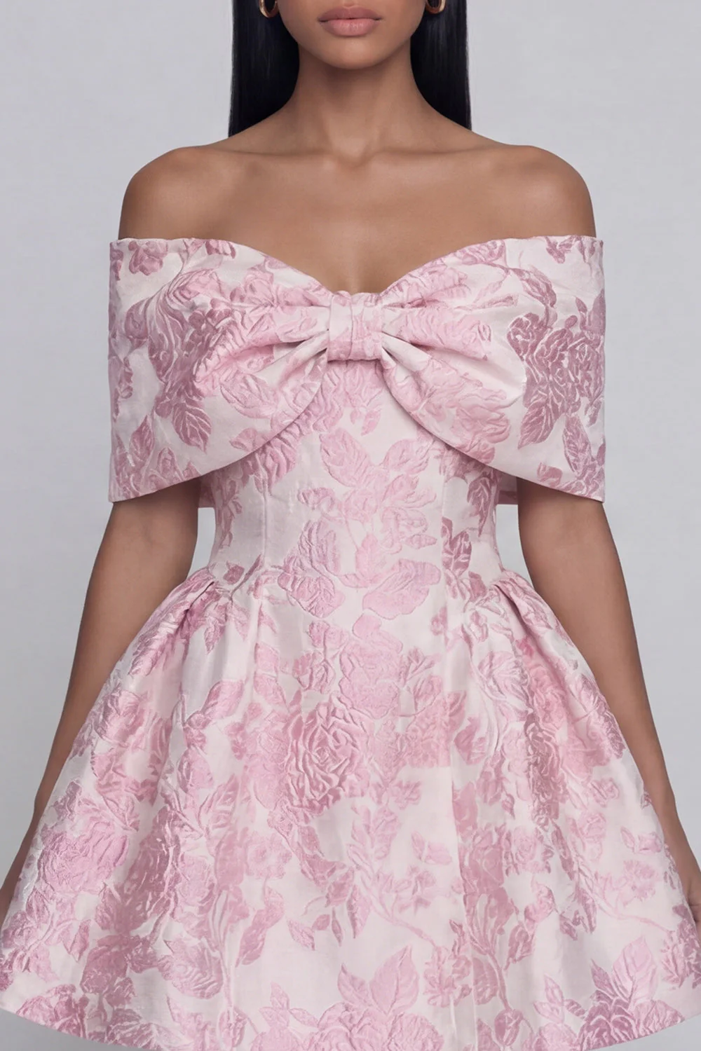 Robe de mini-rentrée Jacquard rose A-large à épaules décollées avec un nœud - Image 4