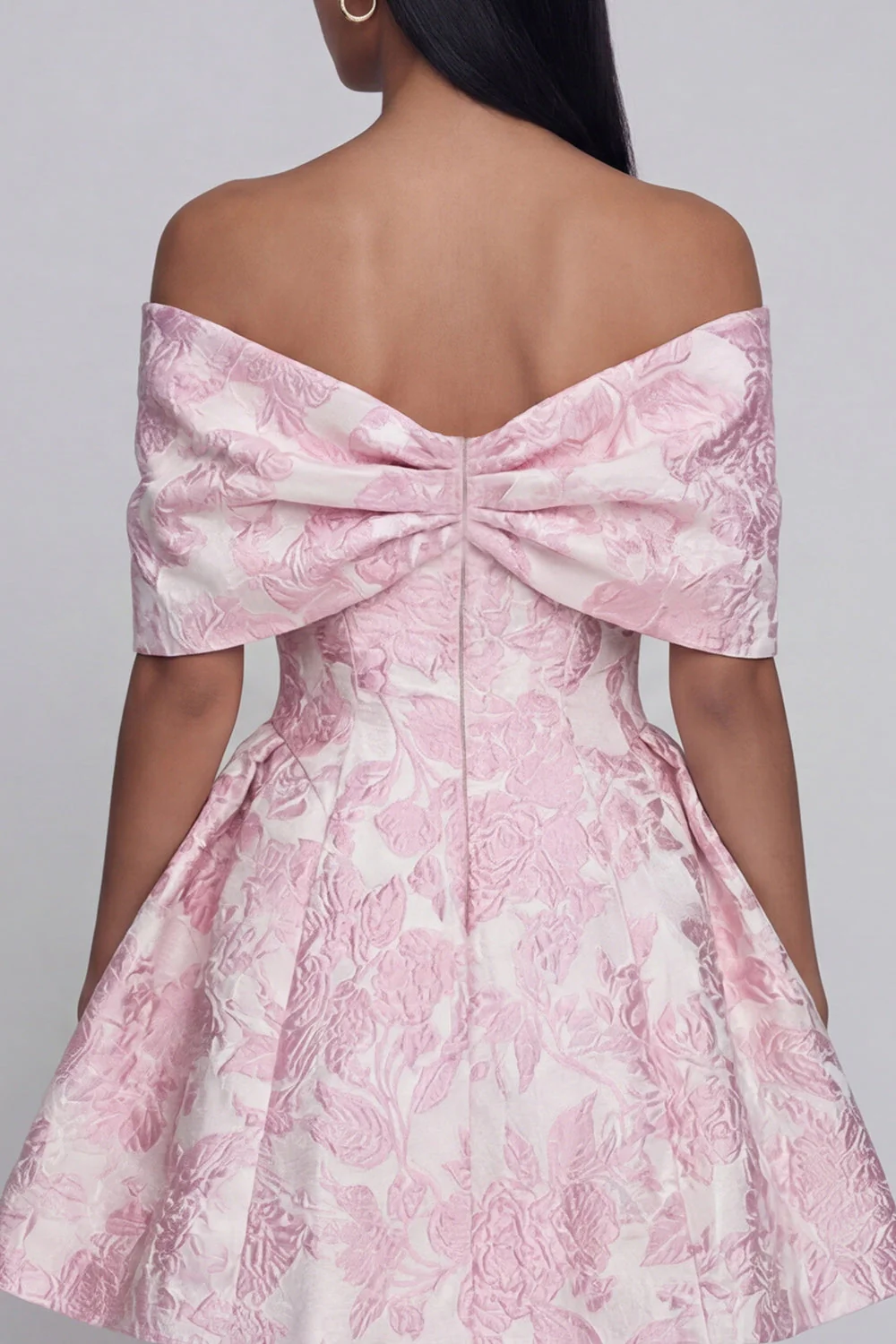 Robe de mini-rentrée Jacquard rose A-large à épaules décollées avec un nœud - Image 5