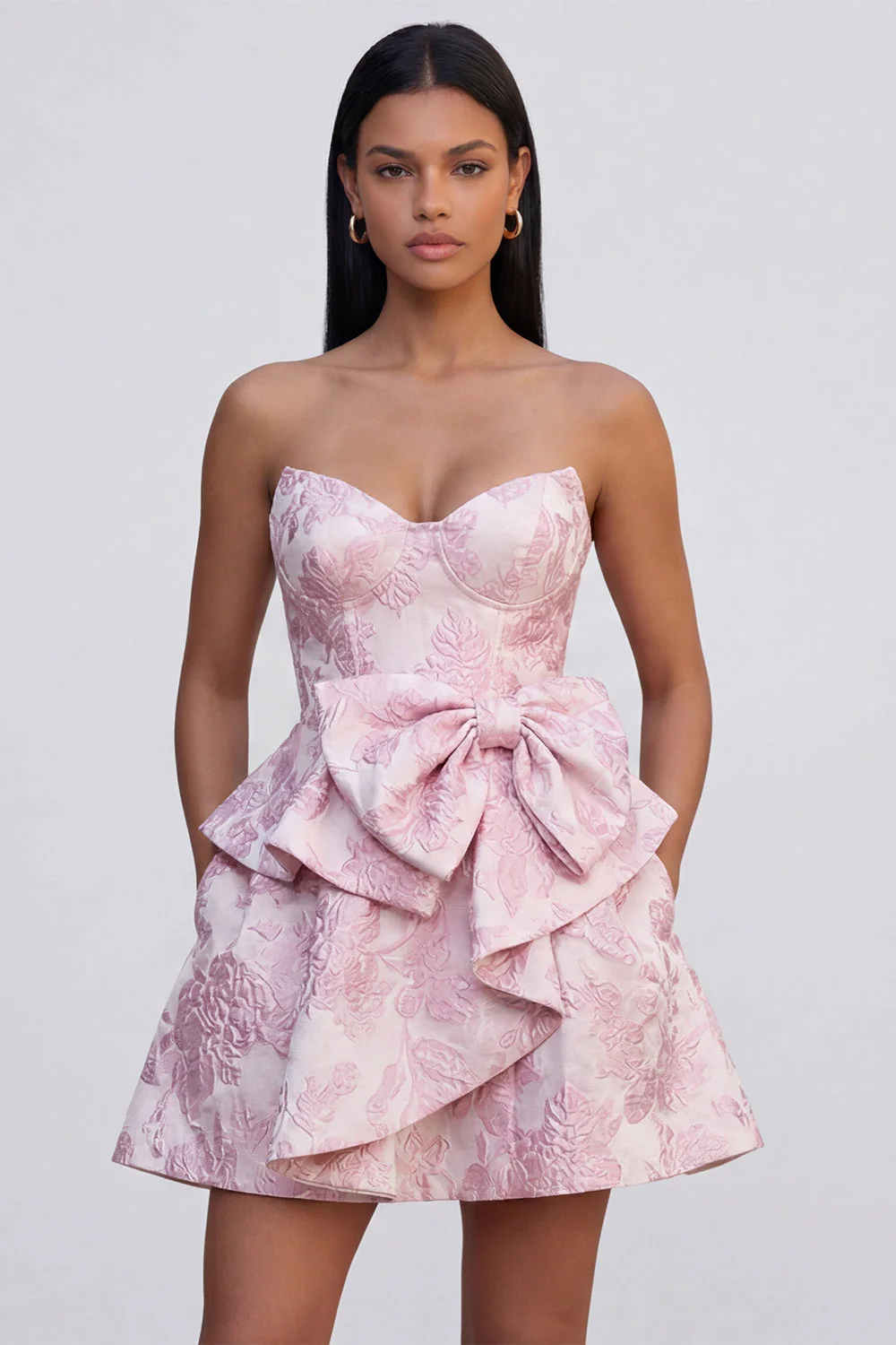 Robe de mini-retour à la maison à volants A-Line Jacquard rose Sweetheart avec un nœud - Image 3