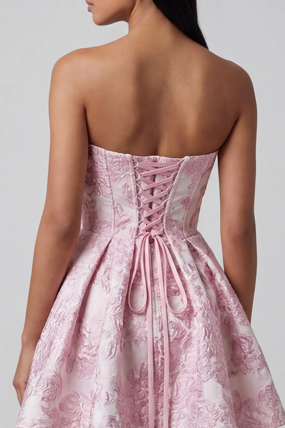 Robe de mini-retour à la maison à volants A-Line Jacquard rose Sweetheart avec un nœud - Image 5