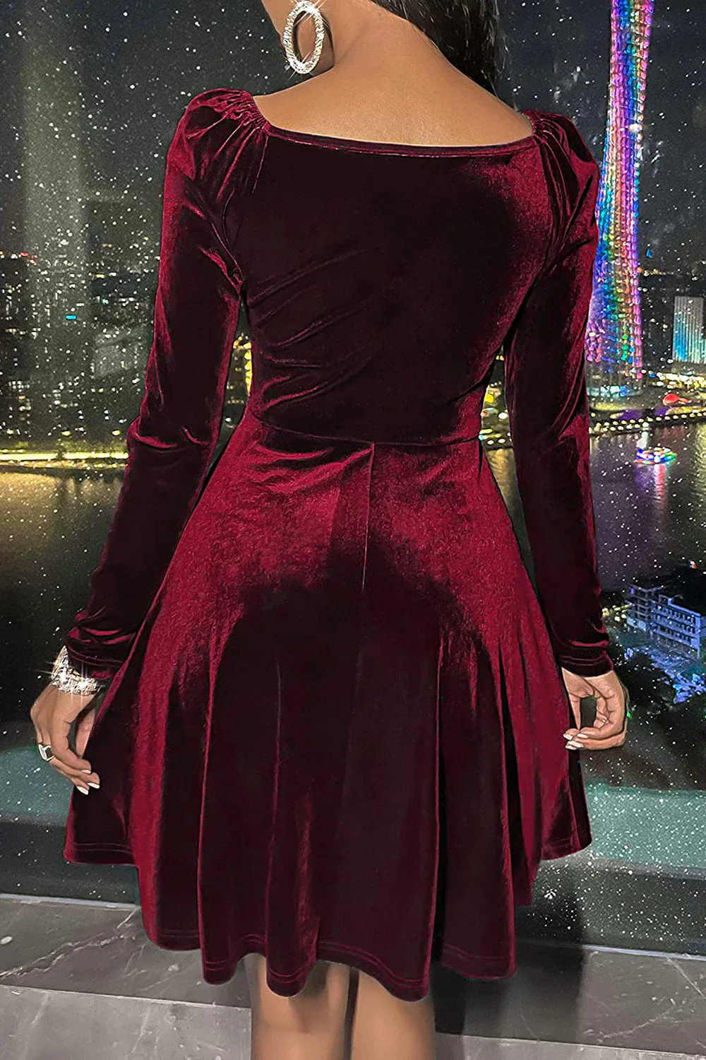 Robe de Noël en velours vert col en V - Image 6