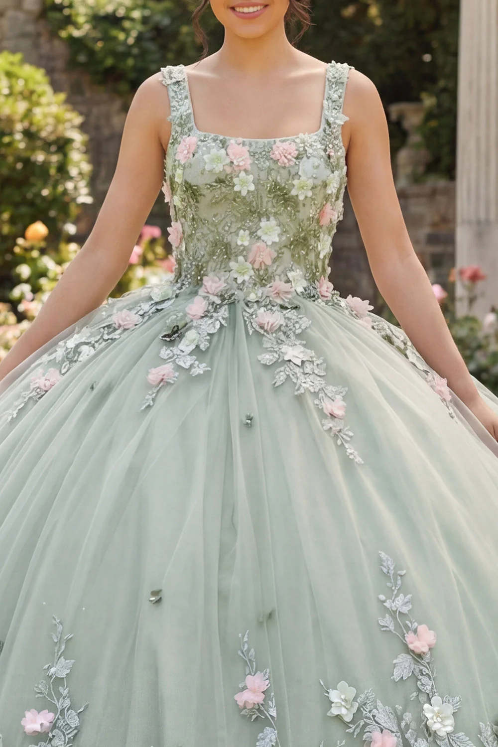 Robe de quinceañera à col carré en sauge poussiéreuse à fleurs appliquées - Image 3