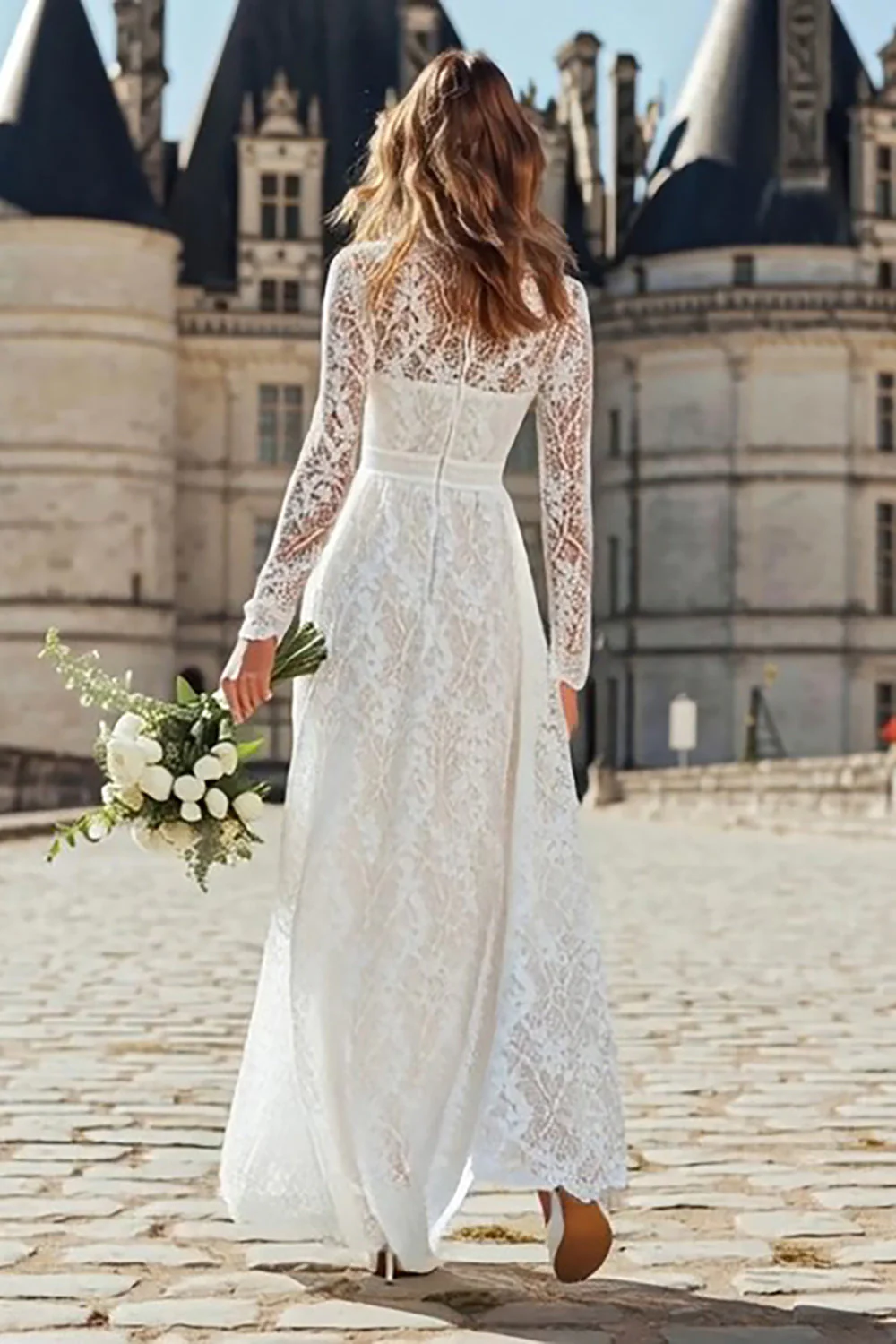 Robe de réception de mariage longue à col haut en dentelle fourreau ivoire - Image 2