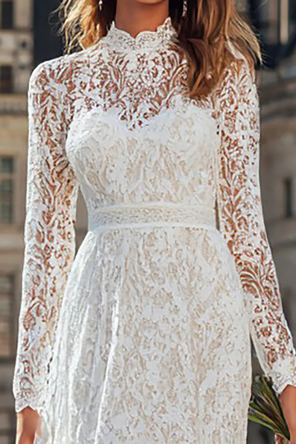 Robe de réception de mariage longue à col haut en dentelle fourreau ivoire - Image 3
