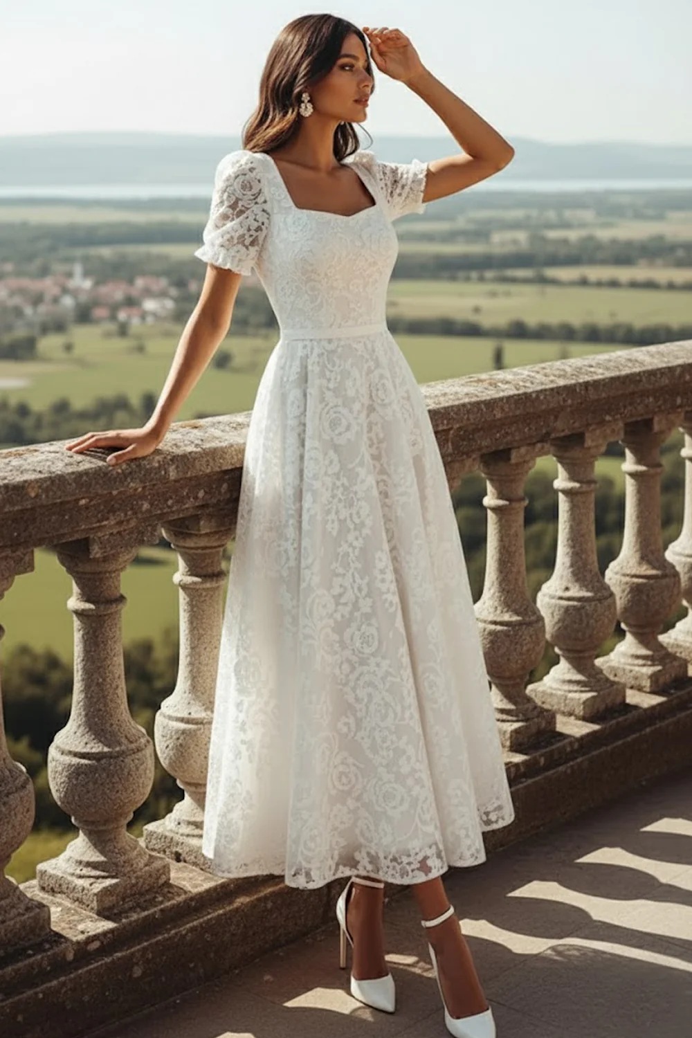 Robe de réception de mariage longue en dentelle blanche à col carré avec manches - Image 3