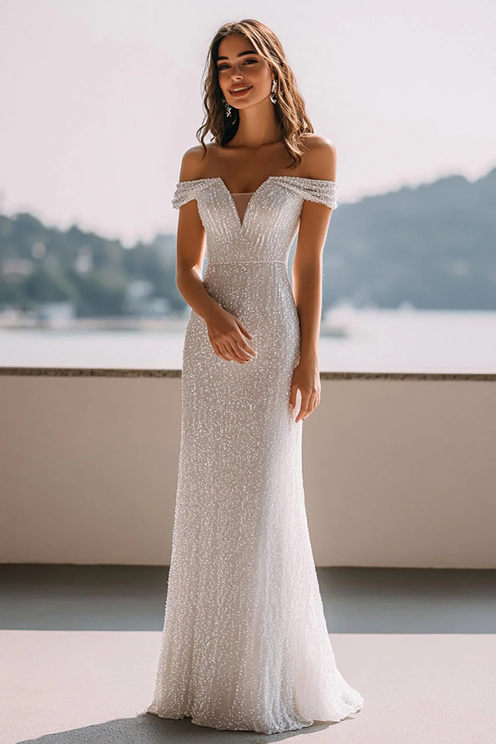 Robe de réception de mariage maxi sirène ivoire scintillante à paillettes