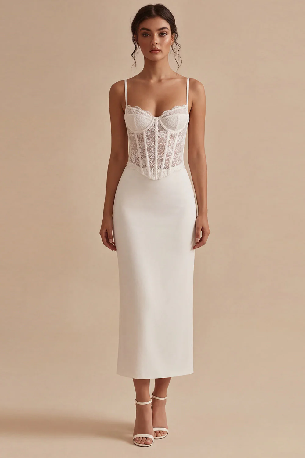 Robe de remise de diplôme corset blanche à bretelles fines longueur cheville avec dentelle