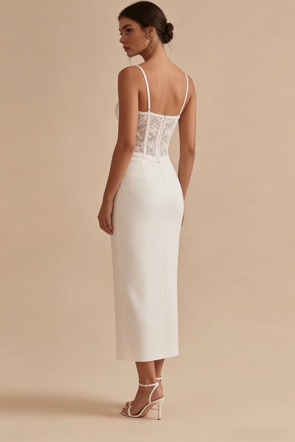 Robe de remise de diplôme corset blanche à bretelles fines longueur cheville avec dentelle - Image 2