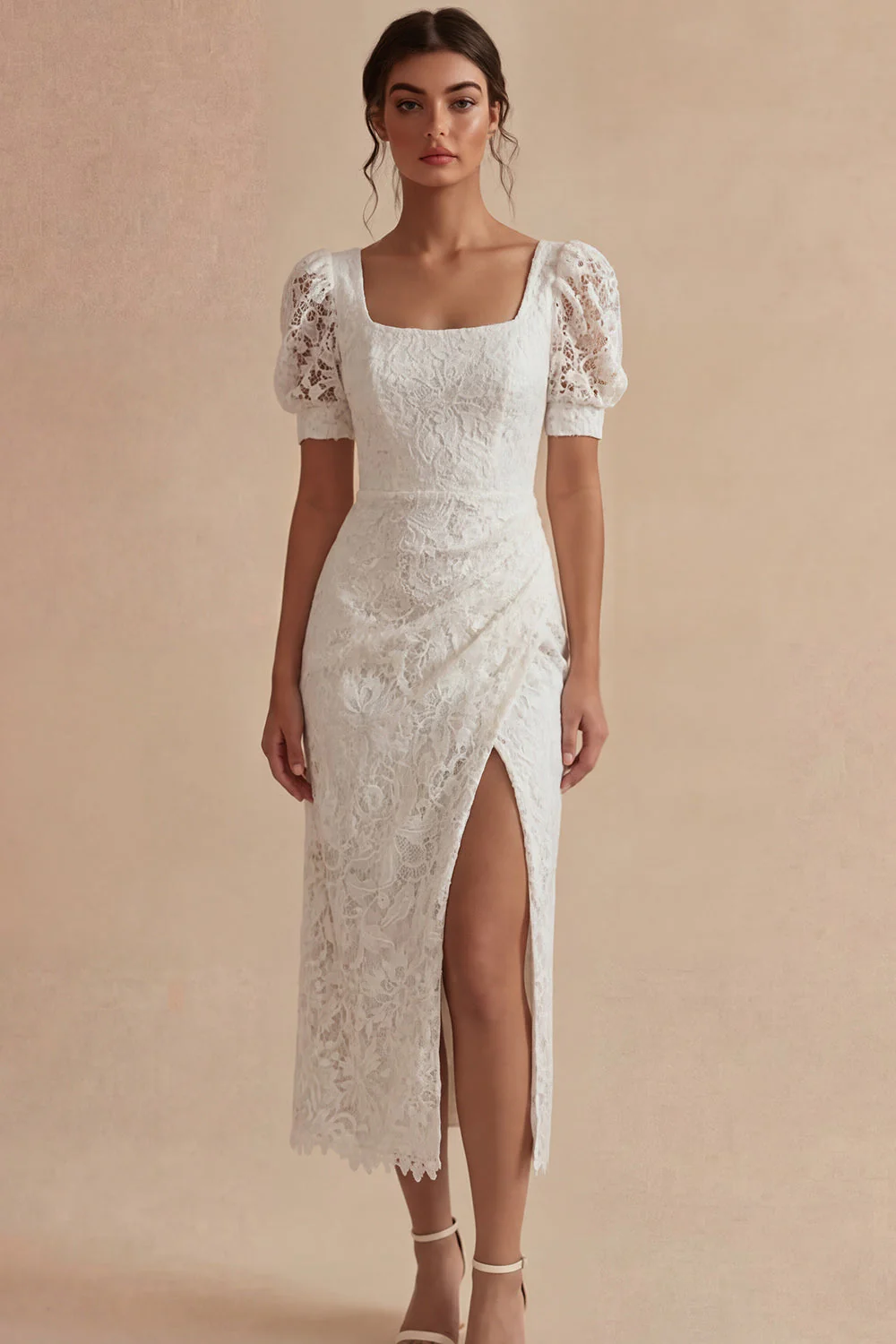 Robe de remise de diplôme en dentelle blanche, manches bouffantes, longueur cheville