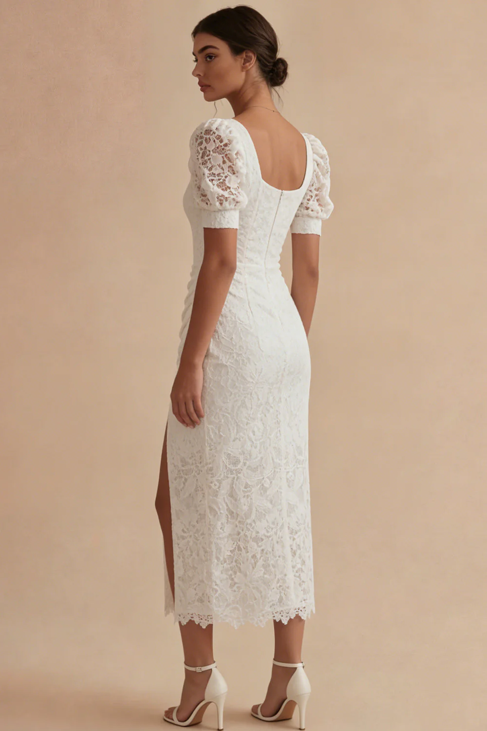 Robe de remise de diplôme en dentelle blanche, manches bouffantes, longueur cheville - Image 2