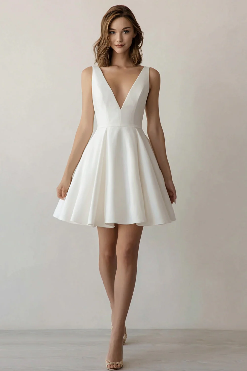 Robe de remise de diplôme simple en satin à col en V ligne blanche